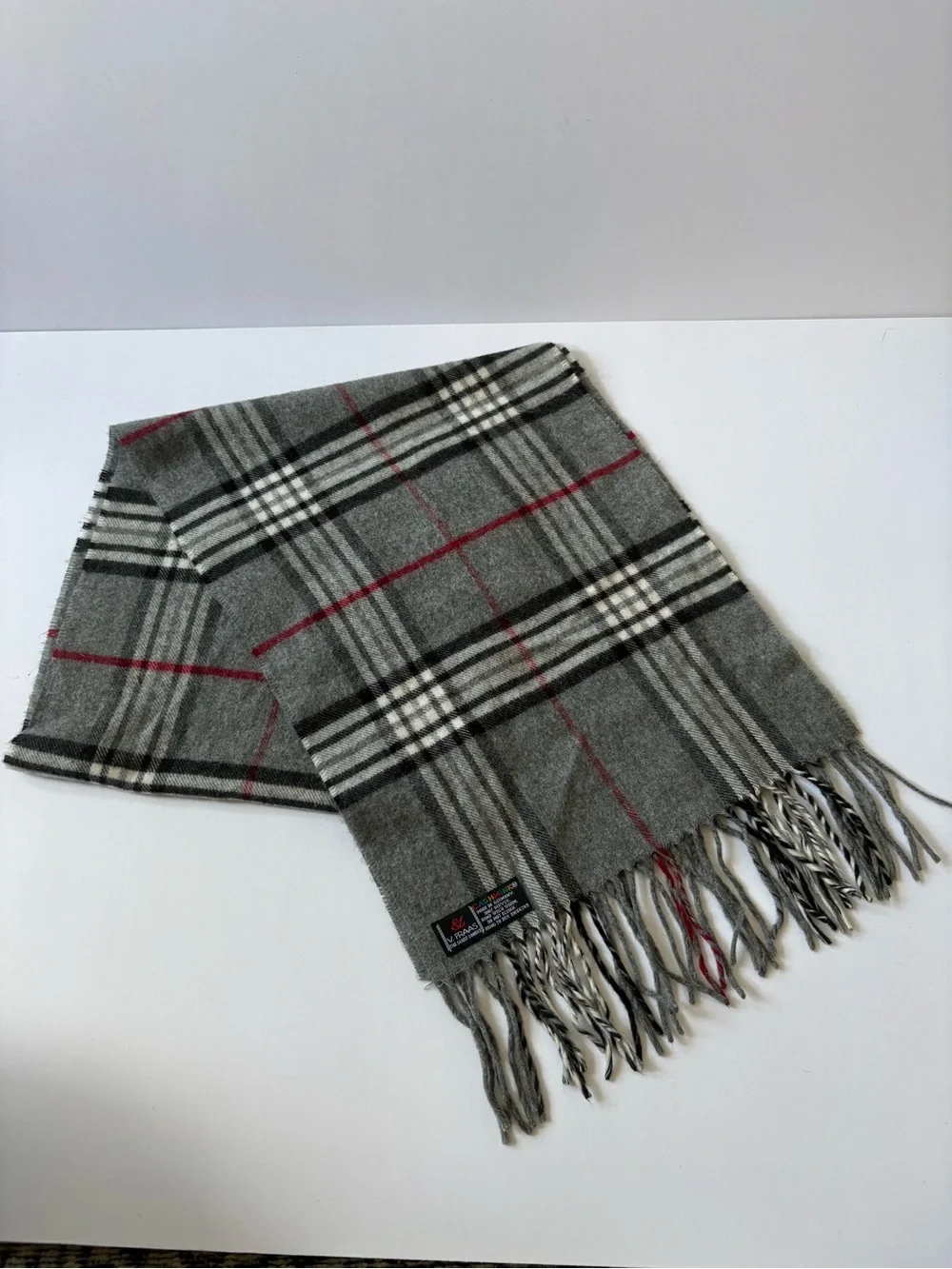 V Fraas Cashmink Plaid Scarf Gray Red Black Fringe Nova Check Germany Soft Vegan